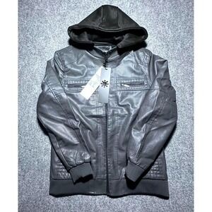 NWT American Breed Mens Faux Leather Hooded Jacket Full‎ Zip Lined Charcoal Grey
